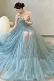 Blue Tulle Sweetheart Simple A Line Party Dress, Off Shoulder Prom Dress HZ0509