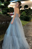 Blue Tulle Sweetheart Simple A Line Party Dress, Off Shoulder Prom Dress HZ0509