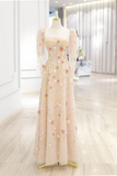 Line Tulle Lace Sequin Champagne Long Prom Dress, Long Formal Dress HZ0509