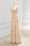 Line Tulle Lace Sequin Champagne Long Prom Dress, Long Formal Dress HZ0509