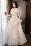 Line Tulle Lace Champagne Long Prom Dress, Champagne Long Formal Dress HZ0509