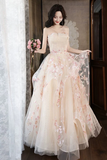Line Tulle Lace Champagne Long Prom Dress, Champagne Long Formal Dress HZ0509