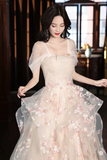 Line Tulle Lace Champagne Long Prom Dress, Champagne Long Formal Dress HZ0509