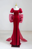 Velvet Short Sleeve Burgundy Long Prom Dress, Long Formal Dress HZ0509