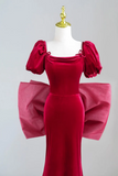 Velvet Short Sleeve Burgundy Long Prom Dress, Long Formal Dress HZ0509