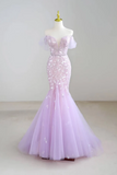 Off Shoulder Sequin Tulle Purple Long Prom Dress, Long Formal Dress HZ0509