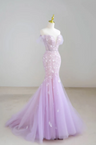 Off Shoulder Sequin Tulle Purple Long Prom Dress, Long Formal Dress HZ0509
