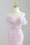 Off Shoulder Sequin Tulle Purple Long Prom Dress, Long Formal Dress HZ0509