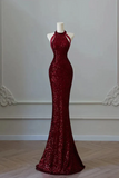 Red Sequins Mermaid Round Neckline Party Dress, Sequins Prom Dress HZ0509