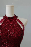 Red Sequins Mermaid Round Neckline Party Dress, Sequins Prom Dress HZ0509