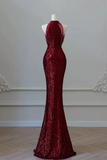 Red Sequins Mermaid Round Neckline Party Dress, Sequins Prom Dress HZ0509