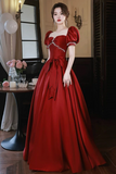 Red Satin Short Sleeves Pearls Long Party Dress, Satin Prom Dress HZ0509
