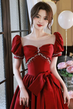 Red Satin Short Sleeves Pearls Long Party Dress, Satin Prom Dress HZ0509