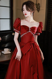 Red Satin Short Sleeves Pearls Long Party Dress, Satin Prom Dress HZ0509