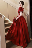 Red Satin Short Sleeves Pearls Long Party Dress, Satin Prom Dress HZ0509
