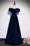 Line Simple Navy Blue Sweetheart Prom Dress, Off Shoulder Party Dress HZ0509