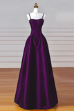 A Line Dark Purple Satin Long Prom Dress, Long Formal Dress HZ0509