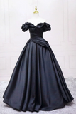 Line Sweetheart Neck Off Shoulder Satin Black Long Prom Dress HZ0509