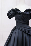 Line Sweetheart Neck Off Shoulder Satin Black Long Prom Dress HZ0509