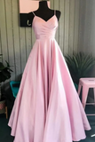 Line V Neck Straps Cross Lace Up Long Ruching Pink Satin Prom Dress HZ0509