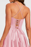 Line V Neck Straps Cross Lace Up Long Ruching Pink Satin Prom Dress HZ0509