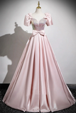 Satin Sequins Long Prom Dress, Lovely A Line Short Sleeve Party Dress HZ0509