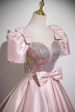 Satin Sequins Long Prom Dress, Lovely A Line Short Sleeve Party Dress HZ0509