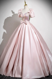 Satin Sequins Long Prom Dress, Lovely A Line Short Sleeve Party Dress HZ0509