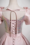 Satin Sequins Long Prom Dress, Lovely A Line Short Sleeve Party Dress HZ0509