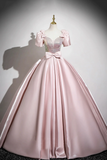 Satin Sequins Long Prom Dress, Lovely A Line Short Sleeve Party Dress HZ0509