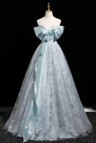 Tulle Lace Long Prom Dress, Blue Off the Shoulder Evening Party Dress HZ0509