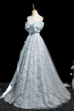 Tulle Lace Long Prom Dress, Blue Off the Shoulder Evening Party Dress HZ0509