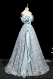 Tulle Lace Long Prom Dress, Blue Off the Shoulder Evening Party Dress HZ0509