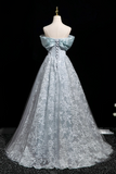 Tulle Lace Long Prom Dress, Blue Off the Shoulder Evening Party Dress HZ0509