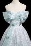 Tulle Lace Long Prom Dress, Blue Off the Shoulder Evening Party Dress HZ0509