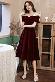 Red Velvet Short Sleeves Tea Length Party Dress, Formal Dress HZ0509