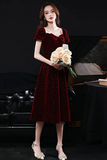 Red Velvet Short Sleeves Tea Length Party Dress, Formal Dress HZ0509