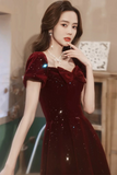Red Velvet Short Sleeves Tea Length Party Dress, Formal Dress HZ0509