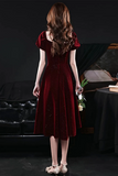 Red Velvet Short Sleeves Tea Length Party Dress, Formal Dress HZ0509