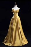Line Satin Gold Long Prom Dress, Gold Long Formal Dress HZ0509