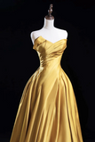 Line Satin Gold Long Prom Dress, Gold Long Formal Dress HZ0509