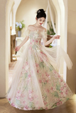 Tulle Floral Long Prom Dress, A Line Off the Shoulder Party Dress HZ0509