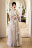 Tulle Floral Long Prom Dress, A Line Off the Shoulder Party Dress HZ0509
