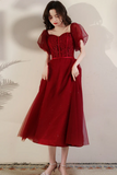 Red Short Sleeves Tea Length Tulle Party Dress, Tulle Formal Dress HZ0509