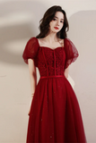Red Short Sleeves Tea Length Tulle Party Dress, Tulle Formal Dress HZ0509