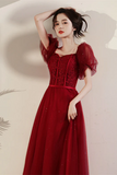 Red Short Sleeves Tea Length Tulle Party Dress, Tulle Formal Dress HZ0509
