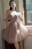 Dark Pink Short Shiny Tulle Sweetheart Party Dress, Homecoming Dress HZ0509