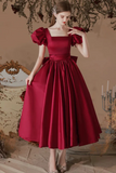 Red Satin Tea Length Short Sleeves Party Dress, Homecoming Dress HZ0509