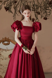 Red Satin Tea Length Short Sleeves Party Dress, Homecoming Dress HZ0509