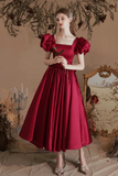 Red Satin Tea Length Short Sleeves Party Dress, Homecoming Dress HZ0509